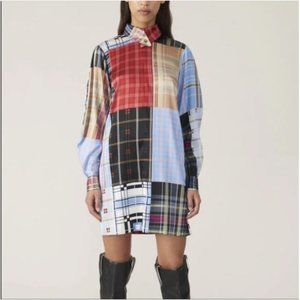 GANNI Silk Mini Patchwork Shirt Dress 32 US 0 Stretch Satin Long Sleeve …